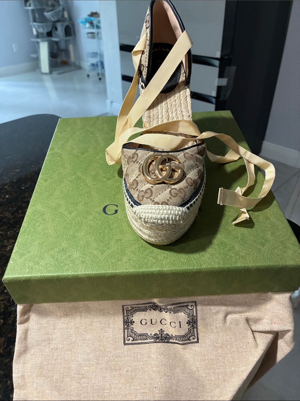 Gucci Beige Monogram Kids Espadrille Wedge Sandal with Gold Double G